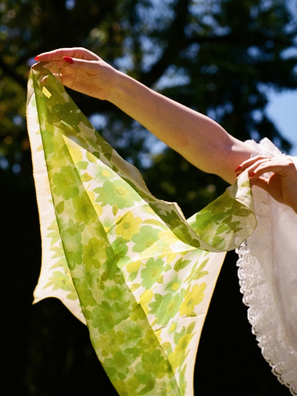 Vintage 1960s Shades of Green Floral Chiffon Scarf